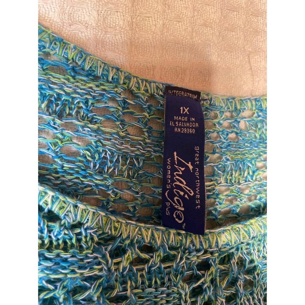 Great Northwest Indigo Boho Blue Aqua Knit Light Weight 3/4 Sleeve Sweater 1X - Picture 5 of 8
